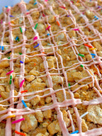 Bakery Style FAT Strawberry Milkshake Krispies w/ Funtetti Cake-Pop Crumble + Golden Oreos + Buttercream Drizzle
